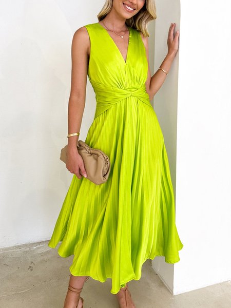 Plain Elegant V Neck Regular Fit Midi Dress, As picture, Midi Dresses
