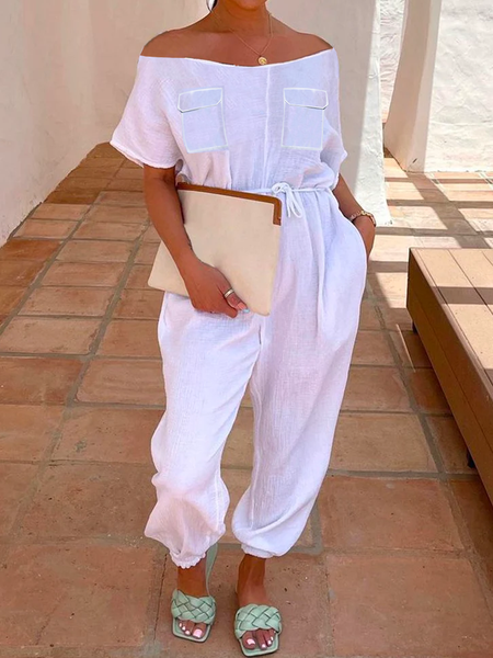 

Loose Casual Cold Shoulder Short Sleeve Plain Jumpsuit, White, Jumpsuits