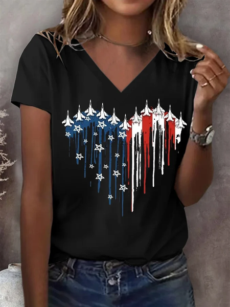 

Casual Independence Day (Flag) V Neck Short Sleeve T-shirt, Black, T-shirts