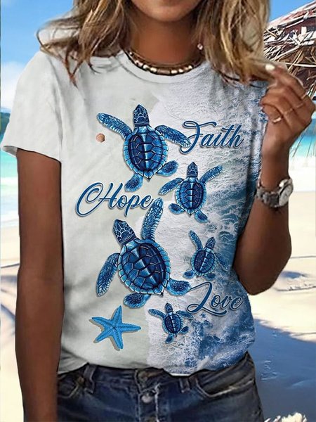 

Casual Turtle Crew Neck Short Sleeve T-shirt, Blue, T-shirts