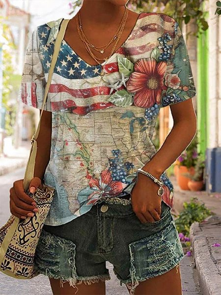 

Women's Short Sleeve Tee T-shirt Summer Independence Day (Flag) V Neck Daily Going Out Casual Top Blue, T-Shirts