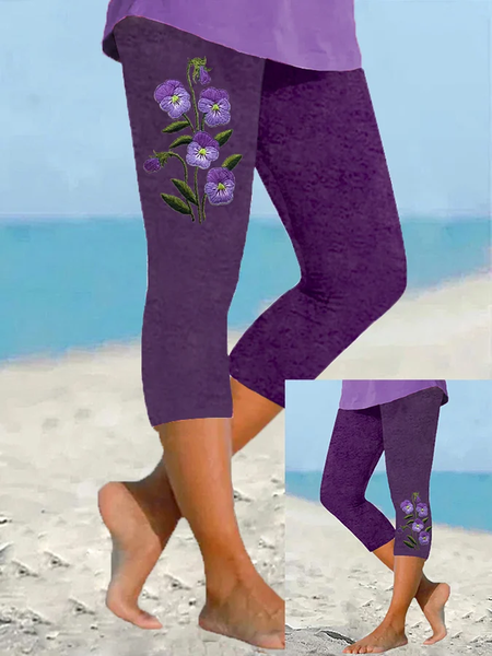 

Casual Floral Capris Leggings, Purple, Leggings