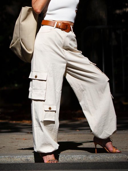 Casual Plain Pockets Cargo Pants, Off white, Pants