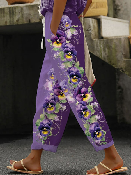 Women's Elastic Waist H Line Straight Pants Daily Going Out Pants Purple Casual Floral Color Block Summer Pants Alzheimer