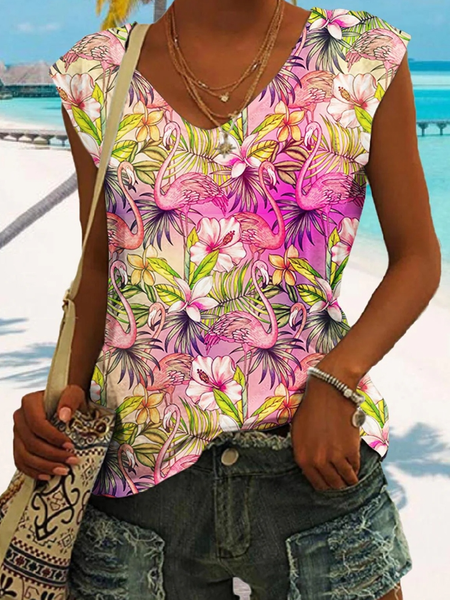 

Casual V Neck Floral Tank Top, Pink, Tanks & Camis