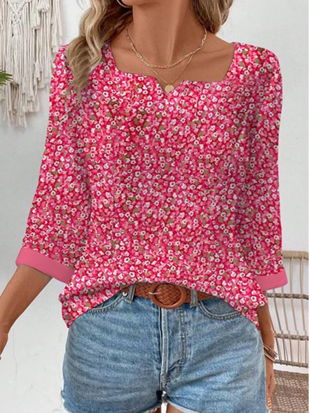 

Women's Three Quarter Sleeve Blouse Summer Floral Notched Daily Going Out Casual Top Red, Shirts & Blouses