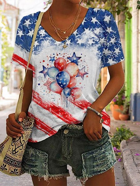 

Casual Independence Day (Flag) Crew Neck Short Sleeve T-shirt, Blue, T-shirts