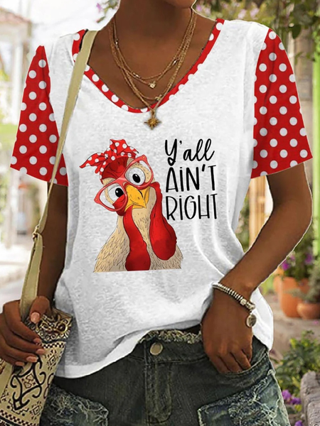 

Casual Polka Dots V Neck Short Sleeve T-shirt, White, T-shirts
