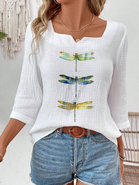 

Women's 3/4 Sleeve Blouse Spring/Fall White Dragonfly Cotton Notched Daily Going Out Simple Top, Blouses