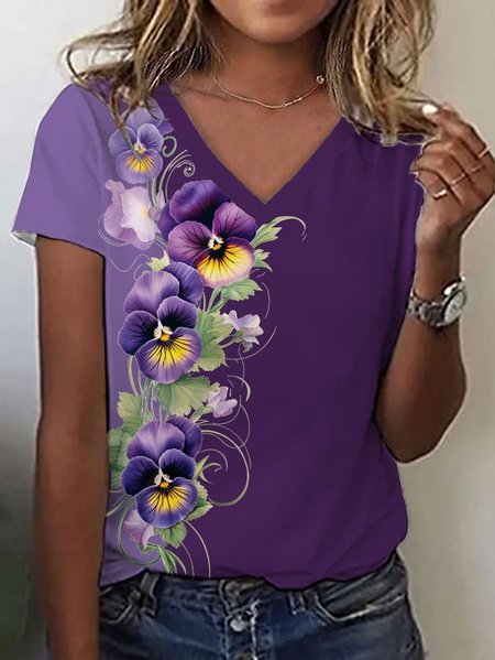 

Women's Short Sleeve T-shirt Tee Summer Purple Floral Colorblock Knitted V Neck Daily Going Out Casual Top, T-Shirts