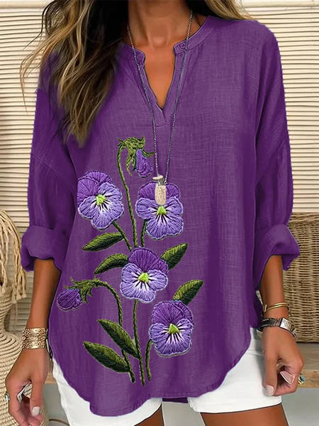 

V Neck Long Sleeve Floral Regular Loose Shirt For Women, Purple, Blouses