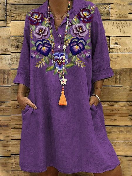 

Women's Half Sleeve Summer Purple Floral Shawl Collar Daily Going Out Casual Midi H-Line Dress Alzheimer, Dresses