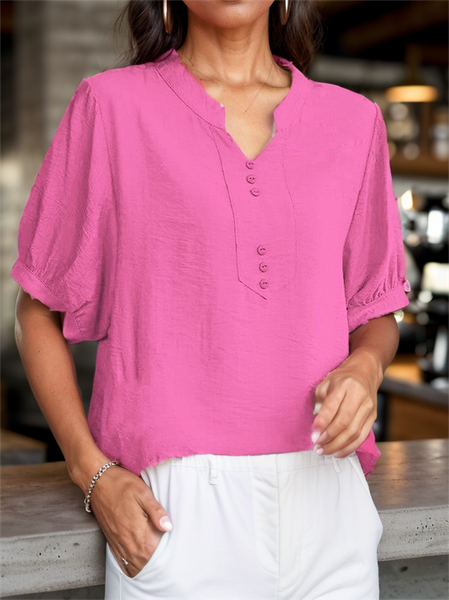

Notched Casual Plain Loose Blouse, Deep pink, Blouses & Shirts