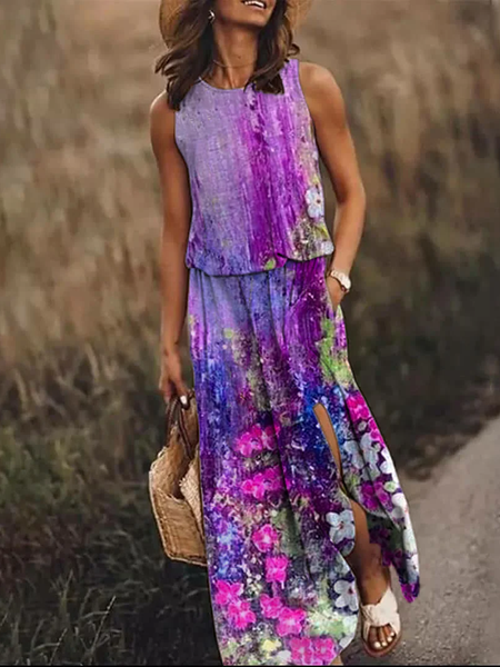 

Women Floral Crew Neck Sleeveless Comfy Casual Maxi Dress, Purple, Dresses