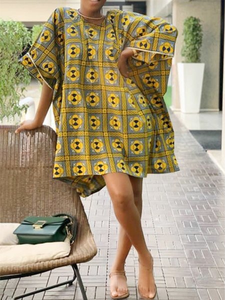 

Printing Crew Neck Abstract Plaid Casual Dress, Yellow, Mini Dresses