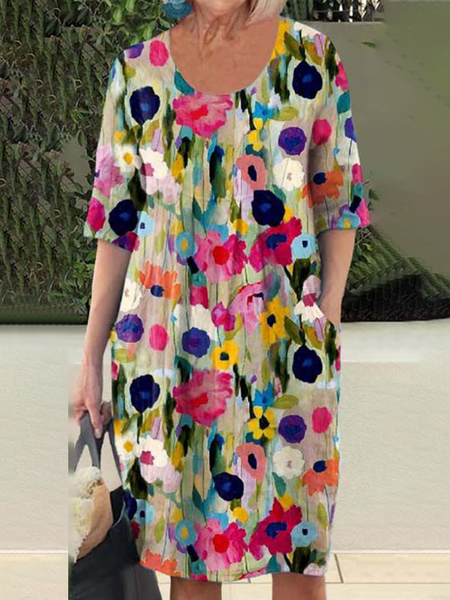 

Women's Short Sleeve Summer Floral Cross Neck Daily Going Out Casual Knee Length H-Line Khaki, Dresses