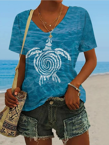 

Casual Turtle V Neck Short Sleeve T-shirt, Blue, T-shirts
