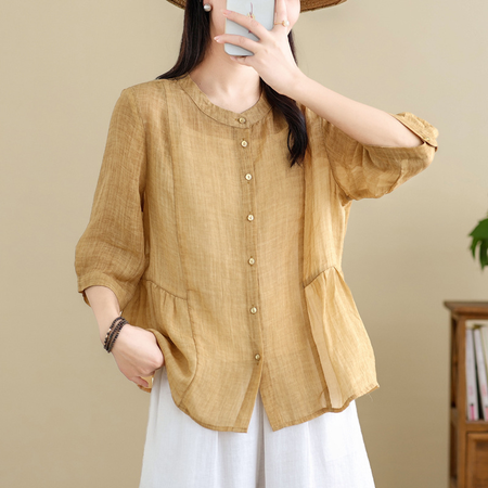 Acrylic Plain Loose Casual Blouse, Yellow, Blouses & Shirts