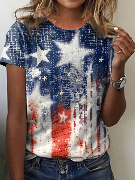 

Casual Independence Day (Flag) Crew Neck Short Sleeve T-shirt, Blue, T-shirts
