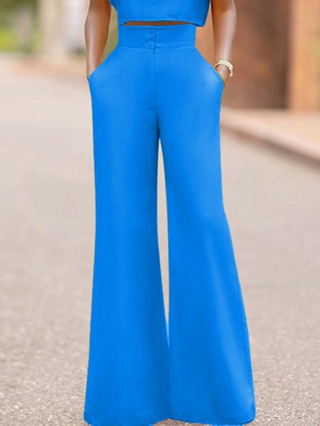 Plain Casual Regular Fit Pants, Blue, Pants