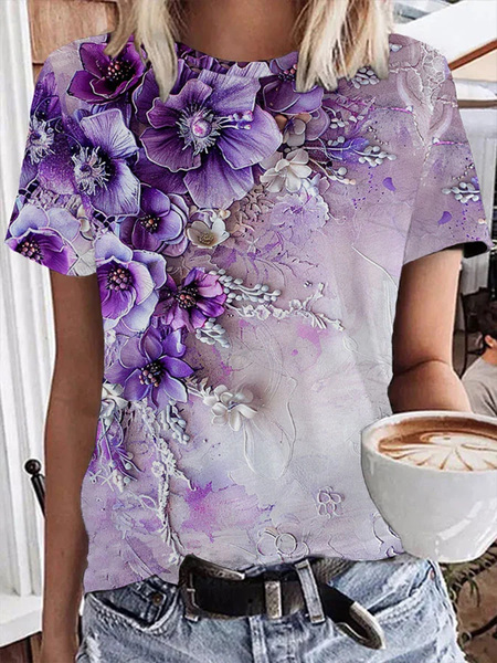 

Casual Floral Crew Neck Short Sleeve T-shirt, Purple, T-shirts