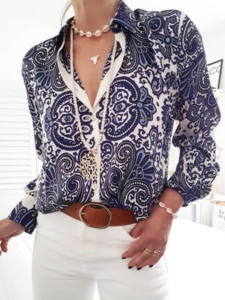 Shirt Collar Paisley Regular Fit Urban Blouse, Blue, Blouses and Shirts