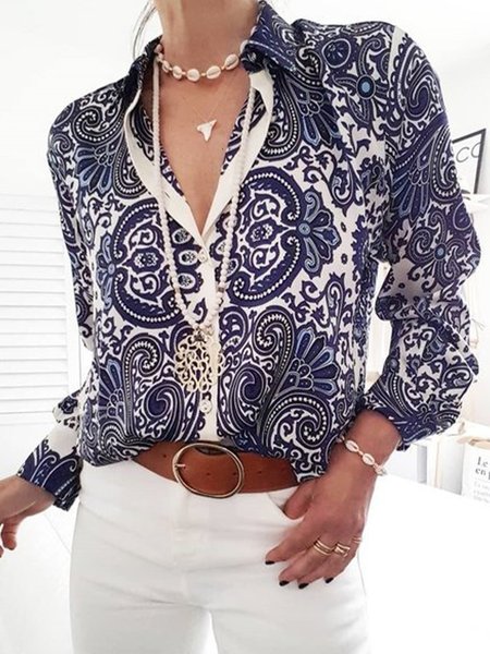 

Shirt Collar Paisley Regular Fit Urban Blouse, Blue, Blouses and Shirts