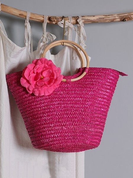 

Vacation Flower Straw Tote Bag, Rose red, Bags