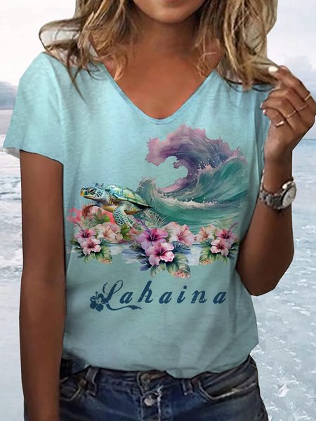 

Casual Ocean Pattern V Neck Short Sleeve T-shirt, Blue, T-shirts