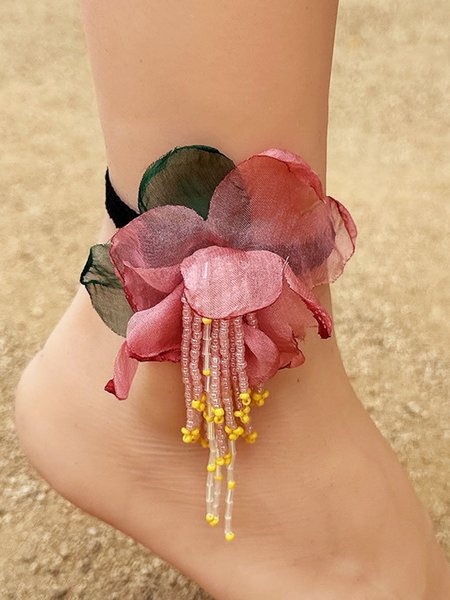 

Bohemian Flower Beads Tassel Elastic Anklet, Deep red, Anklets