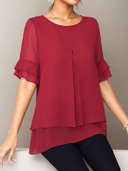 

Women's Half Sleeve Blouse Summer Orange Plain Chiffon Crew Neck Ruffle Sleeve Daily Going Out Casual Tunic Top, Wine red, Blouses