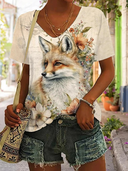 

Casual Floral V Neck Short Sleeve T-shirt, Apricot, T-shirts