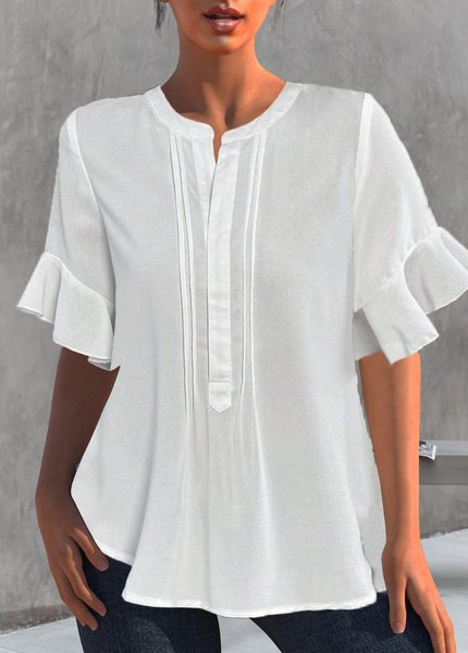 

Casual Notched Loose Plain Blouse, White, Blouses & Shirts