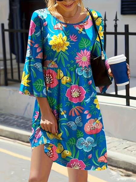 

Women's Three Quarter Sleeve Summer Floral Crew Neck Bell Sleeve Daily Going Out Casual Mini A-Line Blue, Dresses