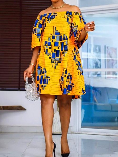 

Printing Urban Off The Shoulder Abstract Dress, Yellow, Mini Dresses