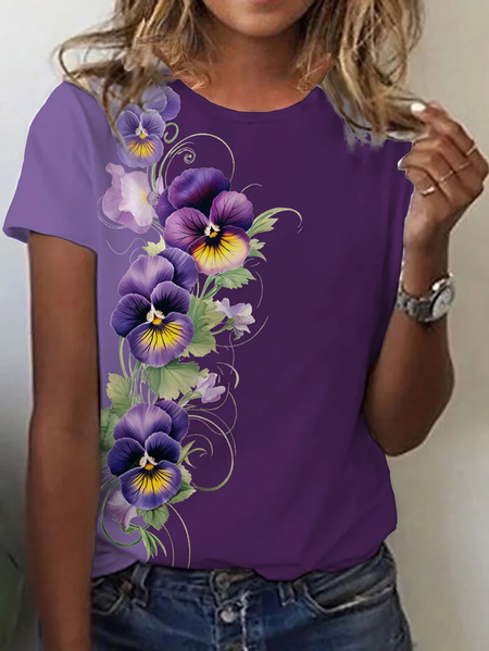 

Casual Floral Crew Neck Short Sleeve T-shirt, Purple, T-shirts