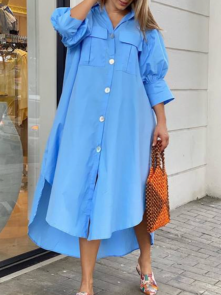 

Loose Vacation Shirt Collar Short Sleeve Plain Maxi Dress, Blue, Maxi Dresses