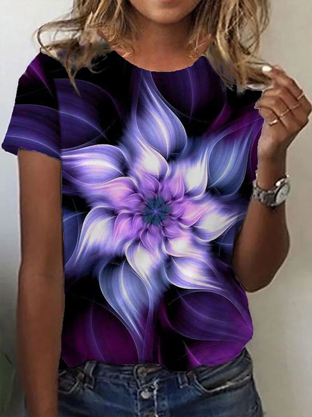 

Casual Floral Crew Neck Short Sleeve T-shirt, Purple, T-shirts