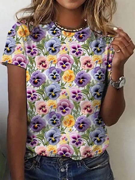 

Casual Floral Crew Neck Short Sleeve T-shirt, Multicolor, T-shirts