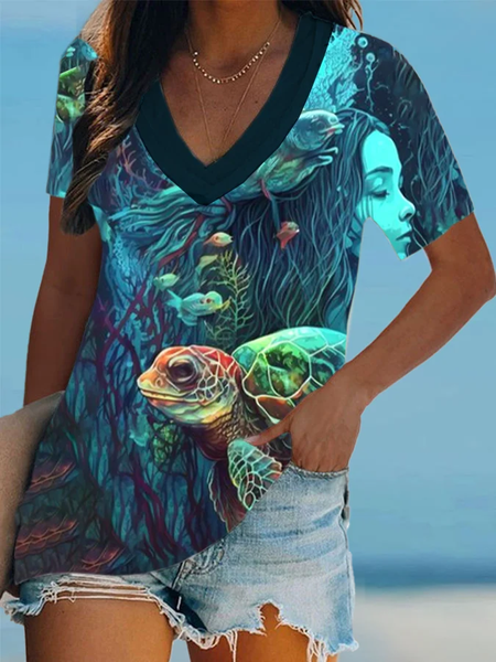 

Casual Turtle V Neck Short Sleeve T-shirt, Blue, T-shirts