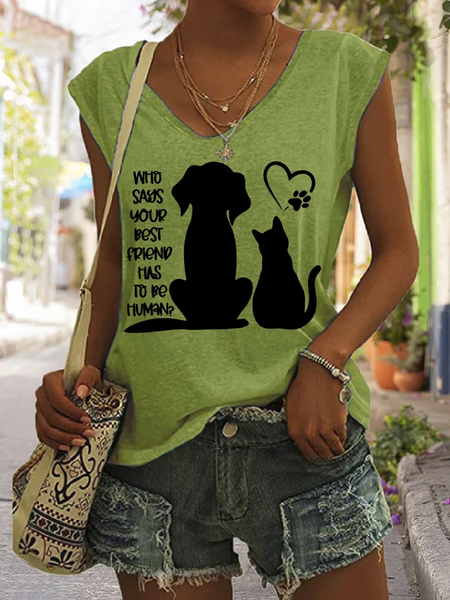 

Casual V Neck Dog Tank Top, Green, Tanks & Camis
