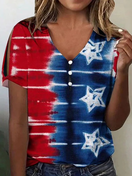 

Casual Independence Day (Flag) V Neck Short Sleeve T-shirt, Multicolor, T-shirts