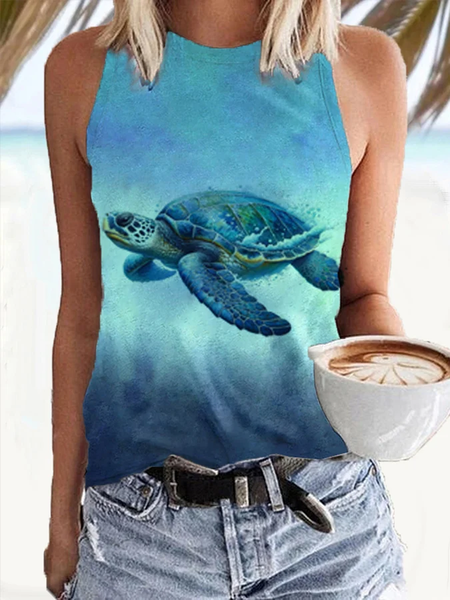 Casual Crew Neck Turtle Tank Top, Blue, Tanks & Camis