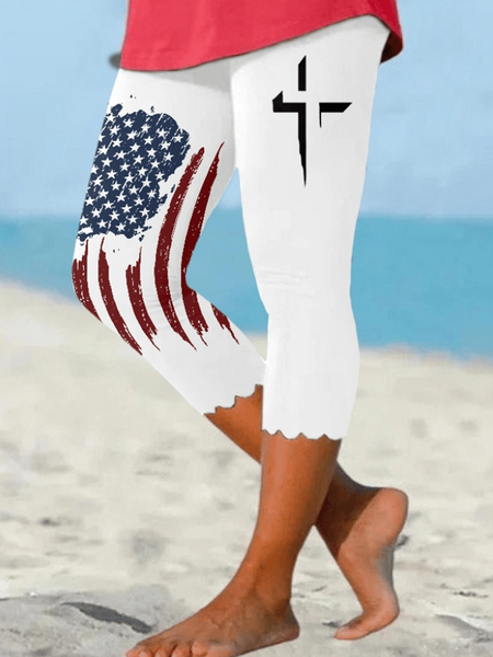 

Casual Independence Day (Flag) Capris Leggings, White, Leggings