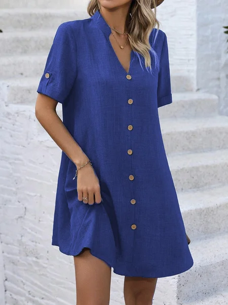 

Women's Short Sleeve Summer Plain Buckle Dress V Neck Daily Going Out Casual Mini H-Line, Blue, Dresses