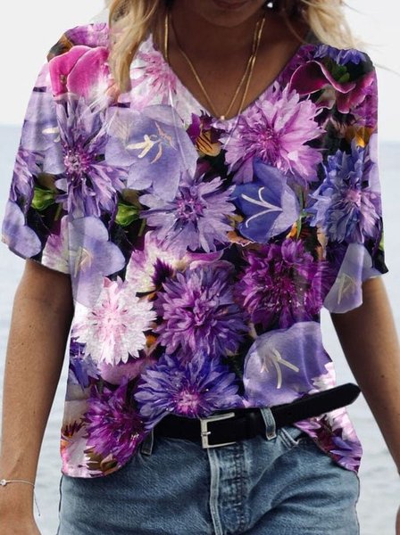 Women's Short Sleeve T shirt Tee Summer Purple Floral Knitted V Neck Daily Going Out Casual Top