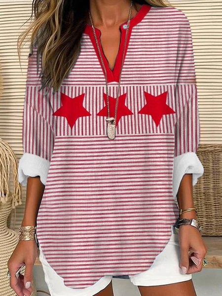 

Notched Long Sleeve Striped Regular Loose Shirt For Women, Red, Blouses