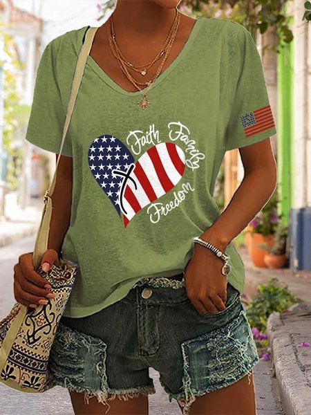 

Women's Short Sleeve Tee T-shirt Summer Independence Day (Flag) V Neck Holiday Going Out Casual Top Green, T-Shirts