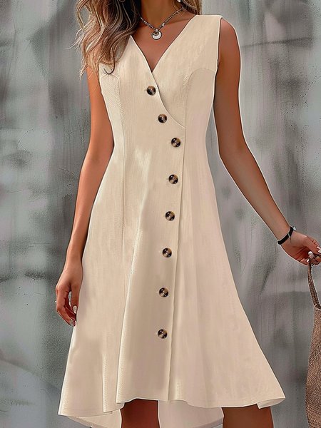 

Plain Asymmetrical Collar Cotton Casual Dress With No, Khaki, Midi Dresses