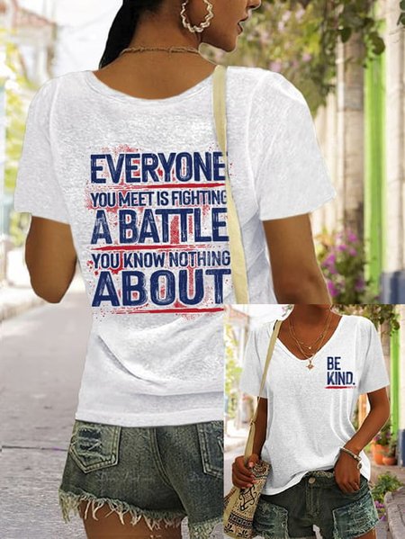 

Casual Text Letters V Neck Short Sleeve T-shirt, White, T-shirts